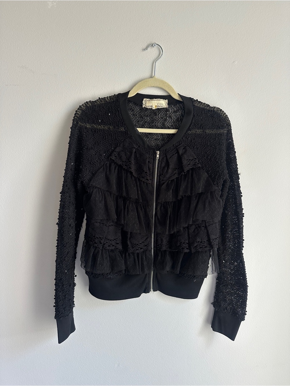 Black Ruffled Zip-Front Cardigan Jacket